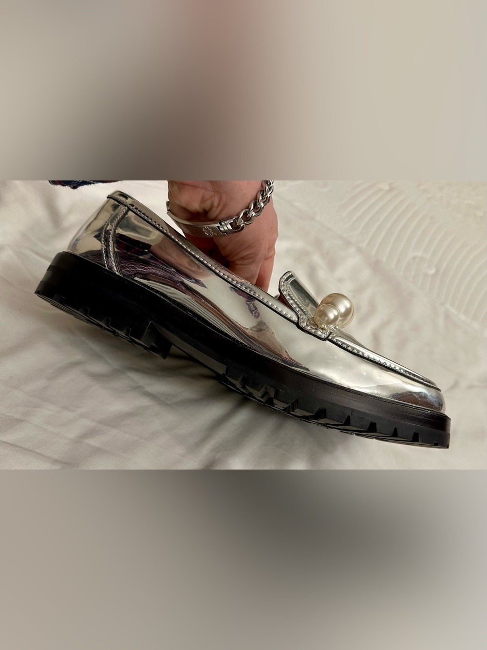 NWOT kate spade Metallic Silver Pearl-Trim Loafers - Picture 11 of 16